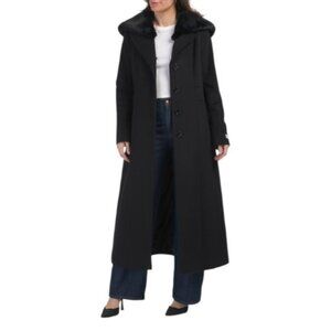 ANNE KLEIN Black Missy Maxi Wool Blend Coat With Faux Fur Shawl Collar